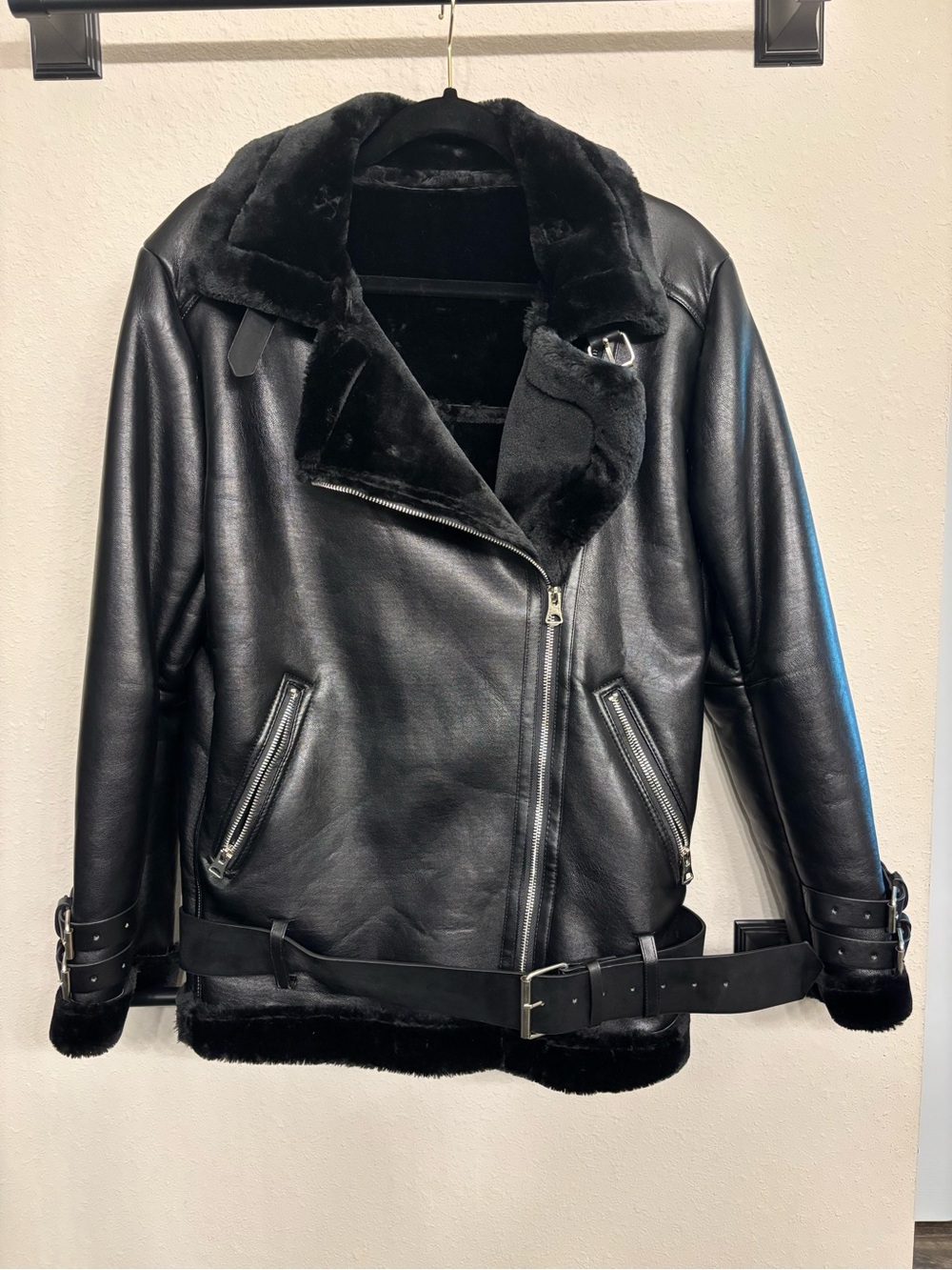 Faux REVOLVE Black Faux Leather Moto Jacket with Shearling Trim